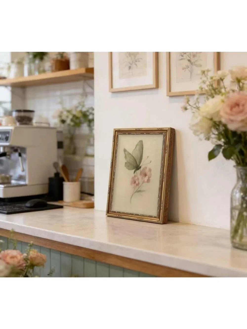 Vintage Gold Framed Butterfly & Flower Canvas Art | Rustic Cottagecore Wall